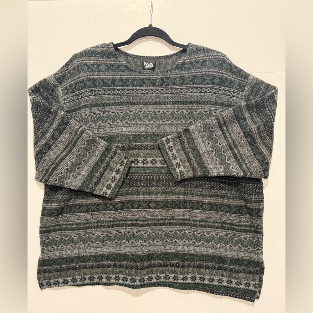 VTG Loom Wear Women's Large Green/Black Wool Fleece Pullover Sweater USA MADE
